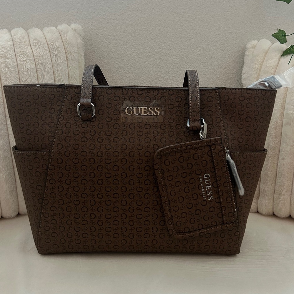 GUESS Brown Monogram Tote Bag w/ Matching Pouch – NWT